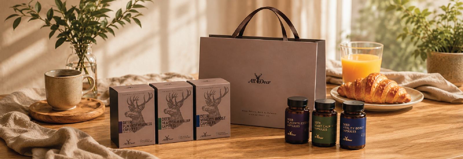 The three AllDeer boxes and bottles with a gift bag on a breakfast table